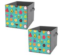 2 PCs Square PU Leather Storage Basket Bin Foldable Organizer with Handles, Clothes Bucket Waterproof Laundry Hamper 10.6"x10.6"x10.6" Print Various Fruits Colorful On Green Avocado Pineapple