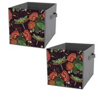 2 PCs Square PU Leather Storage Basket Bin Foldable Organizer with Handles, Clothes Bucket Waterproof Laundry Hamper 10.6"x10.6"x10.6" Print Vintage Embroidery Red Poppies Peonies Green Dragonflies