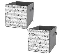 2 PCs Square PU Leather Storage Basket Bin Foldable Organizer with Handles, Clothes Bucket Waterproof Laundry Hamper 10.6"x10.6"x10.6" Print Retro Music Notes Black Ink Hand Drawn Icons Artistic