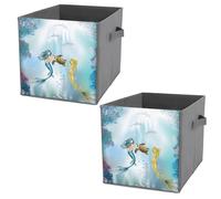 2 PCs Square PU Leather Storage Basket Bin Foldable Organizer with Handles, Clothes Bucket Waterproof Laundry Hamper 10.6"x10.6"x10.6" Print Two Mermaids Dolphins Sea Turtle Undersea World