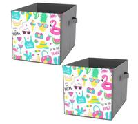 2 PCs Square PU Leather Storage Basket Bin Foldable Organizer with Handles, Waterproof Laundry Hamper 10.6"x10.6"x10.6" Print Summer Fruits, Pineapple, Flamingos, Sunglasses Purple Turquoise