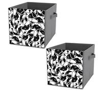 2 PCs Square PU Leather Storage Basket Bin Foldable Organizer with Handles, Waterproof Laundry Hamper 10.6"x10.6"x10.6" Print Seamless Black White Doodle Dog Head French Bulldog Puppy Face