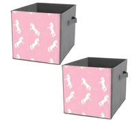 2 PCs Square PU Leather Storage Basket Bin Foldable Organizer with Handles, Waterproof Laundry Hamper 10.6"x10.6"x10.6" Print White Cartoon Unicorn with Stars and Cloud and Hearts on Pink