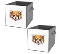 2 PCs Square PU Leather Storage Basket Bin Foldable Organizer with Handles, Waterproof Laundry Hamper 10.6"x10.6"x10.6" Print Watercolor Red Panda Head with Mouth Open and Tongue on White