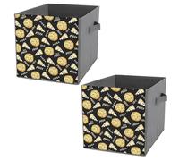 2 PCs Square PU Leather Storage Basket Bin Foldable Organizer with Handles, Waterproof Laundry Hamper 10.6"x10.6"x10.6" Print Seamless Yellow Pizza Slice Doodles and Pizza Words on Black