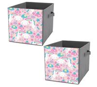 2 PCs Square PU Leather Storage Basket Bin Foldable Organizer with Handles, Waterproof Laundry Hamper 10.6"x10.6"x10.6" Print Seamless White Unicorns Cloud Colorful Rainbow Stars on Pink