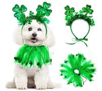 2 Pcs St. Patrick's Day Dog Costume Shiny Green Headband Puppy Collars Elastic Fancy Shamrock Tutu Irish Dog Clothes for Medium Pet Cats Girl Party Outfit Holiday Dress (Green,One Size)