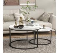 HOMCOM 2 Pcs Stacking Coffee Table Set Steel Frame Marble effect Top Foot Pads, White