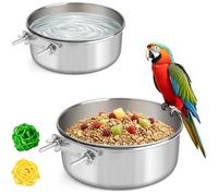 2 Pcs Stainless Steel Bird Food Water Bowls, Parrot Feeding Dish Cups with Clamp Holder Bird Ball Toys for Chinchilla, Cockatiel, Conure, Budgies, Parakeet, Lovebird, Small Animals (Small+Medium)
