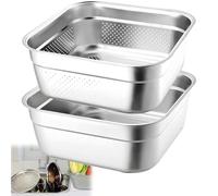 2 PCS Stainless Steel Bowl & Strainer Bowl，32.5cm Sturdy Square Dish Tub with Colander, Fruit Vegetable Washing Basin for Sink, Food Grade Dishpan for Draining Rice, Pasta, Food Strainer Mixing Bowl