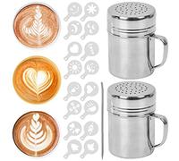 2 Pcs Stainless Steel Chocolate Shaker Powder Shakers Duster Icing Sugar Shaker with Handle & Lid Coffee Cocoa Dredges Powder Shaker with 16 Coffee Stencils 1 Coffee Art Pull Pin for Drink Baking