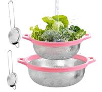 2 Pcs Stainless Steel Colanders, Pink Kitchen Sieve Bowls with 2 Pcs Fine Mesh Strainers, Draining Mesh Net Baskets Set with Handles for Pasta, Spaghetti, Vegetables