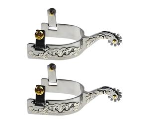 2 Pcs Stainless Steel Cowboy Spurs for Men, Western Boot Spurs with Gear and Copper Buckle, German Silver Trim, Floral Design, Polished Finish, Riding Accessories for Saddle Use and Collecting