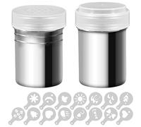 2 Pcs Stainless Steel Dredges and Powdered Shaker with 16 pcs Printing Molds Stencils, SENHAI Salt Pepper Coffee Cocoa Cinnamon Powder Can with Hole or Fine-Mesh Lid for Kitchen Baking Cooking