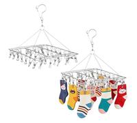 2 Pcs Stainless Steel Drying Racks with 40 Clips, 14.2 x 11 in Square Sock Hanger with Long-Lasting Clips, Windproof Hook for Drying Socks, Underwear, Towels, and Other Small Items