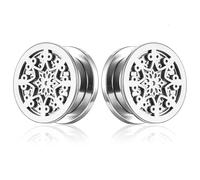 2 Pcs Stainless Steel Ear Tunnels 6-25mm Floral Cutout Gauges - Double Flared Plugs for Ear Stretching, Punk Body Jewelry(Silver,16mm (5/8"))