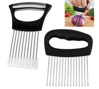 2 Pcs Stainless Steel Onion Holder for Slicing & Onion Cutter,16 & 10 Needles,Multi-Function Onion Slicer Holder for Potatoes, Tomatoes, Lemons, Avocados, Meat & Vegetables (Black)