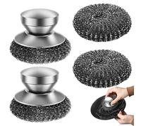 2 pcs Stainless Steel Scourer, with 2 Replacement Wire Pads and Stainless Steel Handle Steel Wool Scrubber for Cleaning Dishes Cast Iron Stock Pots Pans Griddles Grills