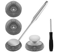 2 Pcs Stainless Steel Wool Scrubber Sets,Dish Scrubber with Long Short Handle Stainless Steel Scrubber Cleaning Brush Metal Scrubber with Replacement,Steel Scrubber for Dishes Tableware Home Kitchen