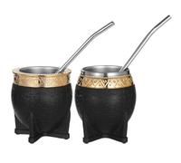 2 Pcs Stainless Steel Yerba Mate Cup Set, Black Rubber Body, 180 ml Wide Mouth & Narrow Mouth, Quality Stylish Stainless Steel Straw, Gold Accents, Ideal for Traditional Mate Tea Drinking