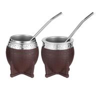 2 Pcs Stainless Steel Yerba Mate Cup Set, Light Brown Rubber Body, 180 ml Wide Mouth & Narrow Mouth, Quality Stylish Stainless Steel Straw, Silver Accents, Ideal for Traditional Mate Tea Drinking