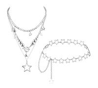 2 Pcs Star Belly Chain and Necklace, Layered Necklaces for Women, Silver Belly Chain Adjustable Size with Chunky Stack Necklace Fashion Jewelry Accessories for Women Dress Skirts Jeans