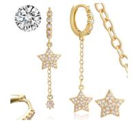 2 Pcs Star Drop Earrings, Gold Plated Dangle Earrings with Cubic Zirconia, Asymmetrical Star Chain Design for Women, Lightweight Drop Earrings for Daily Wear and Party