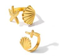 2 Pcs Starfish Rings for Women Dainty Gold Shell Ring Adjustable Open Statement Ring Summer Beach Jewelry Gifts for Her