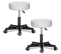 2 Pcs Stool with Wheels White Faux Leather