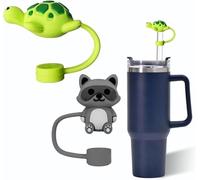 2 Pcs Straw Cover for Stanley 40&30 Oz Cup, 10mm Silicone Straw Covers Cap for Stanley Cup Accessories, Cute Straw Topper for Tumblers, Straw Cap Stopper for Reusable Straws (Turtle and Raccoon)