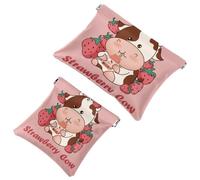 2 PCS Strawberries and Cows Drinking Milk Pocket Cosmetic Bag, Self-Closing Shrapnel Makeup Pouch, Portable No Zipper Mini Travel Make Up Bag for Coin Lipstick Cosmetics Earphones Jewelry Organizer