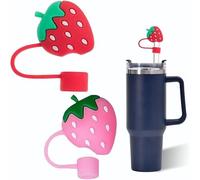 2 Pcs Strawberries Straw Cover for Stanley 40&30 Oz Cup, 10mm Silicone Straw Covers Cap for Stanley Cup Accessories, Cute Straw Topper for Tumblers, Straw Cap Stopper for Reusable Straws (Red,Pink)