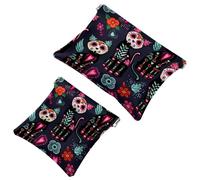 2 PCS Sugar Skull Cat Flower Pattern Pocket Cosmetic Bag, Self-Closing Shrapnel Makeup Pouch, Portable No Zipper Mini Travel Make Up Bag for Coin Lipstick Cosmetics Earphones Jewelry Organizer