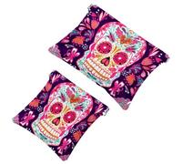 2 PCS Sugar Skull Head Pocket Cosmetic Bag, Self-Closing Shrapnel Makeup Pouch, Portable No Zipper Mini Travel Make Up Bag for Headphones Coin Lipstick Cosmetics Earphones Jewelry Organizer