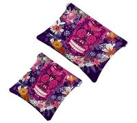 2 PCS Sugar Skull Head Pocket Cosmetic Bag, Self-Closing Shrapnel Makeup Pouch, Portable No Zipper Mini Travel Make Up Bag for Headphones Coin Lipstick Cosmetics Earphones Jewelry Organizer