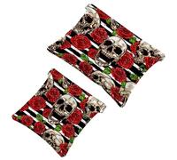 2 PCS Sugar Skull Rose Pattern Stripes Pocket Cosmetic Bag, Self-Closing Shrapnel Makeup Pouch, Portable No Zipper Mini Travel Make Up Bag for Coin Lipstick Cosmetics Earphones Jewelry Organizer