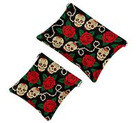 2 PCS Sugar Skulls and Roses Pocket Cosmetic Bag, Self-Closing Shrapnel Makeup Pouch, Portable No Zipper Mini Travel Make Up Bag for Headphones Coin Lipstick Cosmetics Earphones Jewelry Organizer