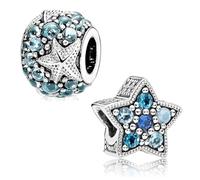 2 Pcs Summer Oceanic Starfish Charms Blue Sterling Silver Dangle Pendant Charm DIY Beads with Cubic Zirconia, Bracelet Charm Jewelry for Pandora Bracelet DIY Making Gift for Women Girls