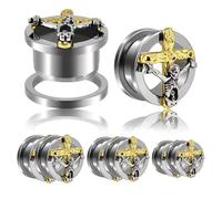 2 PCS Surgical Steel Ear Tunnels Plugs 8-25mm Double Flared - Golden Cross & Antique Silver Skull Gauges with Internal Thread for Ear Stretching(16mm)