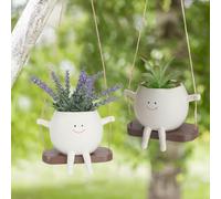 2 Pcs Swing Face Planter Pot, Hanging Resin Cute Flower Head Planters with Hooks and Transplanting Tools for Indoor Outdoor Plants, Smile Face Hanging Plant Pot for Garden Home Succulent Planter