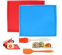 2 PCS Swiss Roll Cake Mat, Nonstick Baking Rug Mat with Brush and Spatula, Silicone Baking Cake Pan, Flexible Jelly roll pan for Baking, Cake, Pizza Cookies Chocolate(Blue&Red)