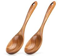 2 Pcs Teak 12" Long Wood Cooking Spoons - Large Serving Mixing Utensils Set - Bamboo Baking Spatula - Farmhouse Kitchen Tools
