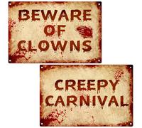 2 Pcs Terrifying Halloween Clown Metal Signs, CREEPY CARNIVAL & BEWARE OF CLOWNS Bloody Vintage Warning Signs, Spooky Scary Evil Circus Wall Decor, Indoor Outdoor Carnival Party Yard Event Decoration