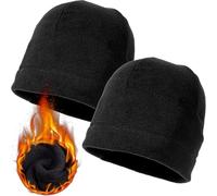 2 PCS Thermal Fleece Skull Cap Mens Beanie Hat Liner, Light Weight Thin Running Cycling Hat for Men Women Outdoor (Black + Black)