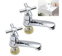 2 pcs Traditional Basin Taps Pair, Bathroom Taps, Solid Brass Tap for Bathroom Basin, Polished Sink Mixer Pillar Tap, Victorian Style Cross Lever Design for Wash Basins