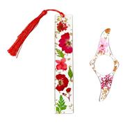 2 Pcs Transparent Dried Flower Bookmark, Cute Resin Book Mark with Tassel and Thumb Book Page Holder, Bookmarks for Women with Gold Sprinkles, Practical Book Accessories, for Bookworm, Friends(Red)