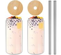 2 Pcs Transparent Glass Cups with Bamboo Lids and Stainless Steel Straw 500ml Large Thick Beverage Glasses Set Can Shaped Beer Glasses Tumbler for Cold Beverage Juice Coffee Cocktail Soda with Cup Br