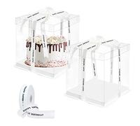 2 Pcs Transparent Plastic Gift Box 8 Inch with Happy Birthday Ribbon for Bakery Display, Cube Packaging for Dessert, 26x26x25cm