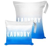 2 Pcs Travel Laundry Bags (Large 55x45cm & Small 40x31cm) - Waterproof Washing Bags for Laundry with Double Zippers, Dirty Clothes Bags with Handle for Travel, Gym, Camping (White-Blue Gradient)