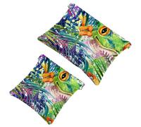 2 PCS Tropical Forest Frog Green Leaves Wildlife Watercolor Pocket Cosmetic Bag, Self-Closing Shrapnel Makeup Pouch, Portable Mini Travel Make Up Bag for Coin Lipstick Earphones Jewelry Organizer